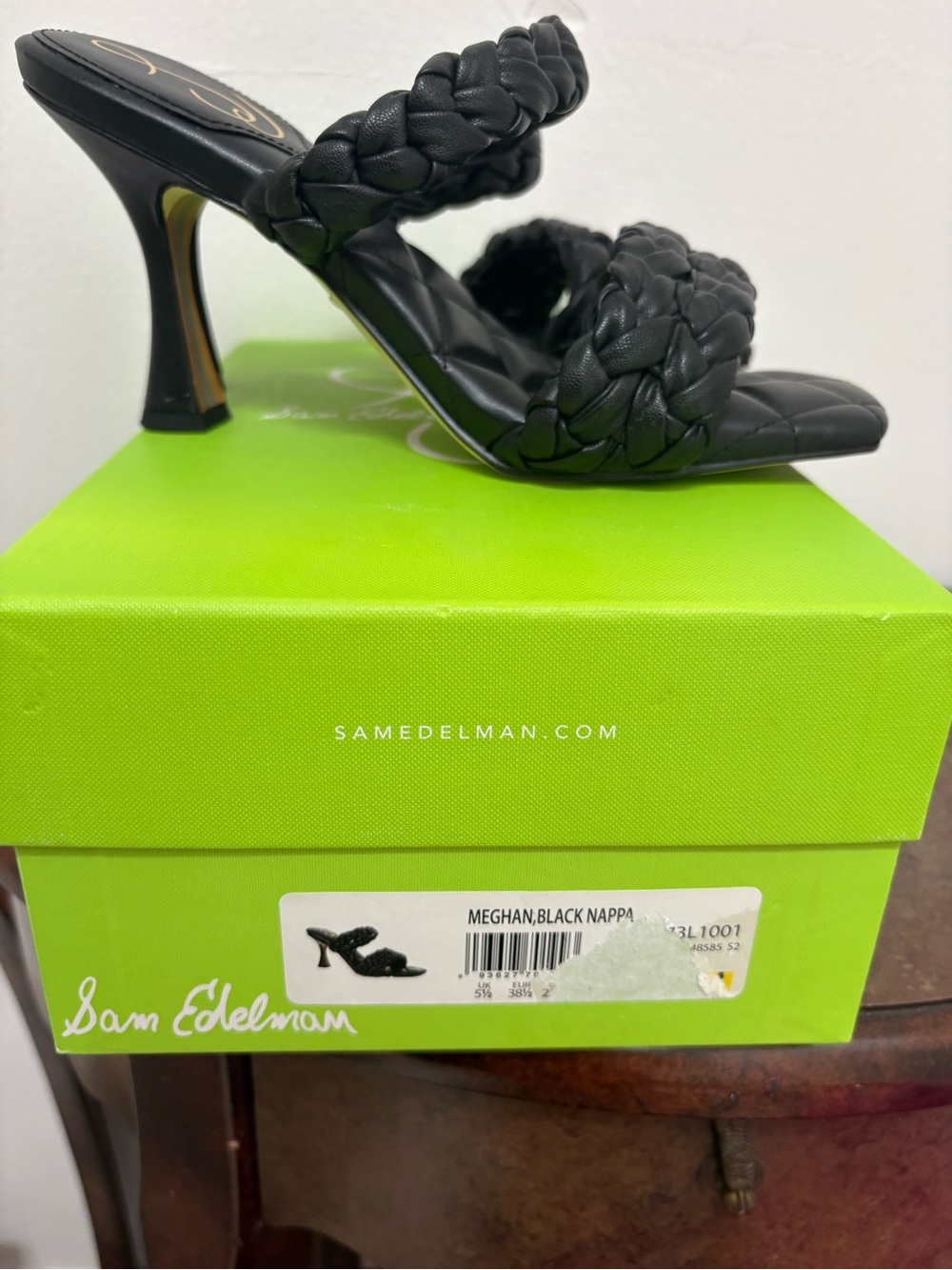 NIB Sam Edelman Meghan Black Nappa Braided Mule Heels Size 8.5 Square Toe - Picture 5 of 9